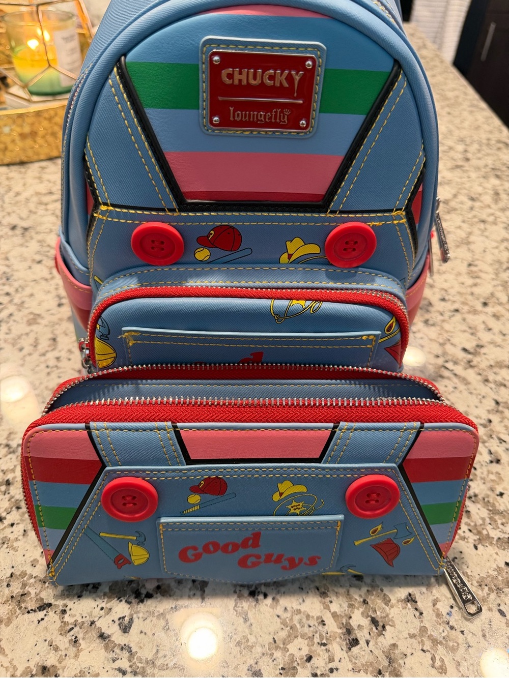 Loungefly Chucky Kids Mini Backpack and Wallet – Light Blue, Pink, Red, Green